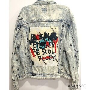 Waimea White Distressed Wash, Paint Splatter Stretch Denim Jeans Jacket Sz: L